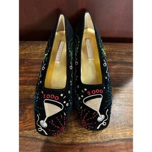 Vintage Y2K 2000 Holiday New Years Eve Black Velvet Embellished Metallic Shoes